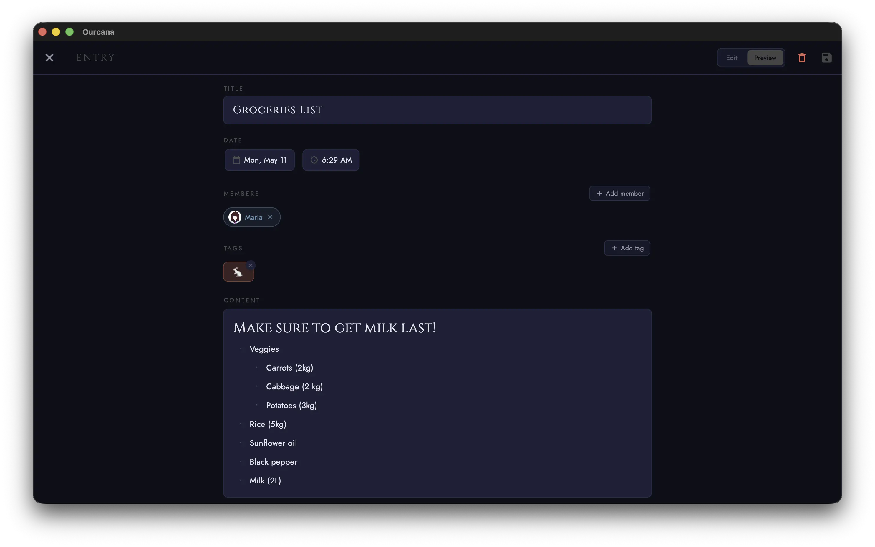 Ourcana's journal editor: a shopping list example written in markdown with rich formatting