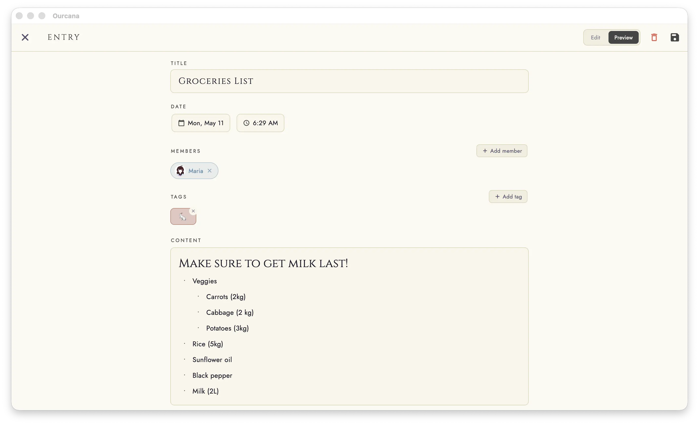 Ourcana's journal editor: a shopping list example written in markdown with rich formatting