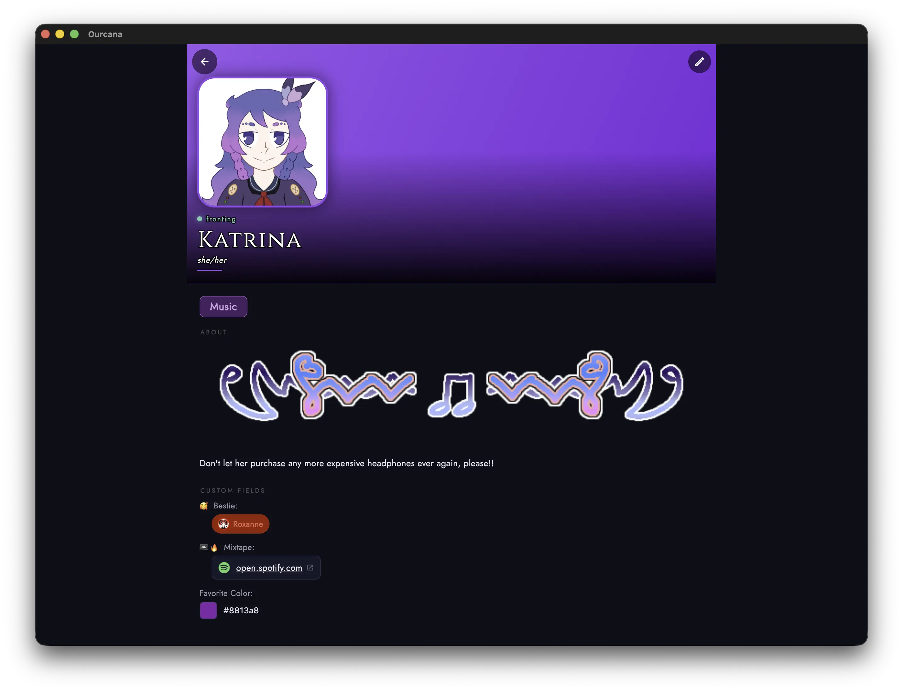 A single member with a profile picture, name, pronouns and a banner color.