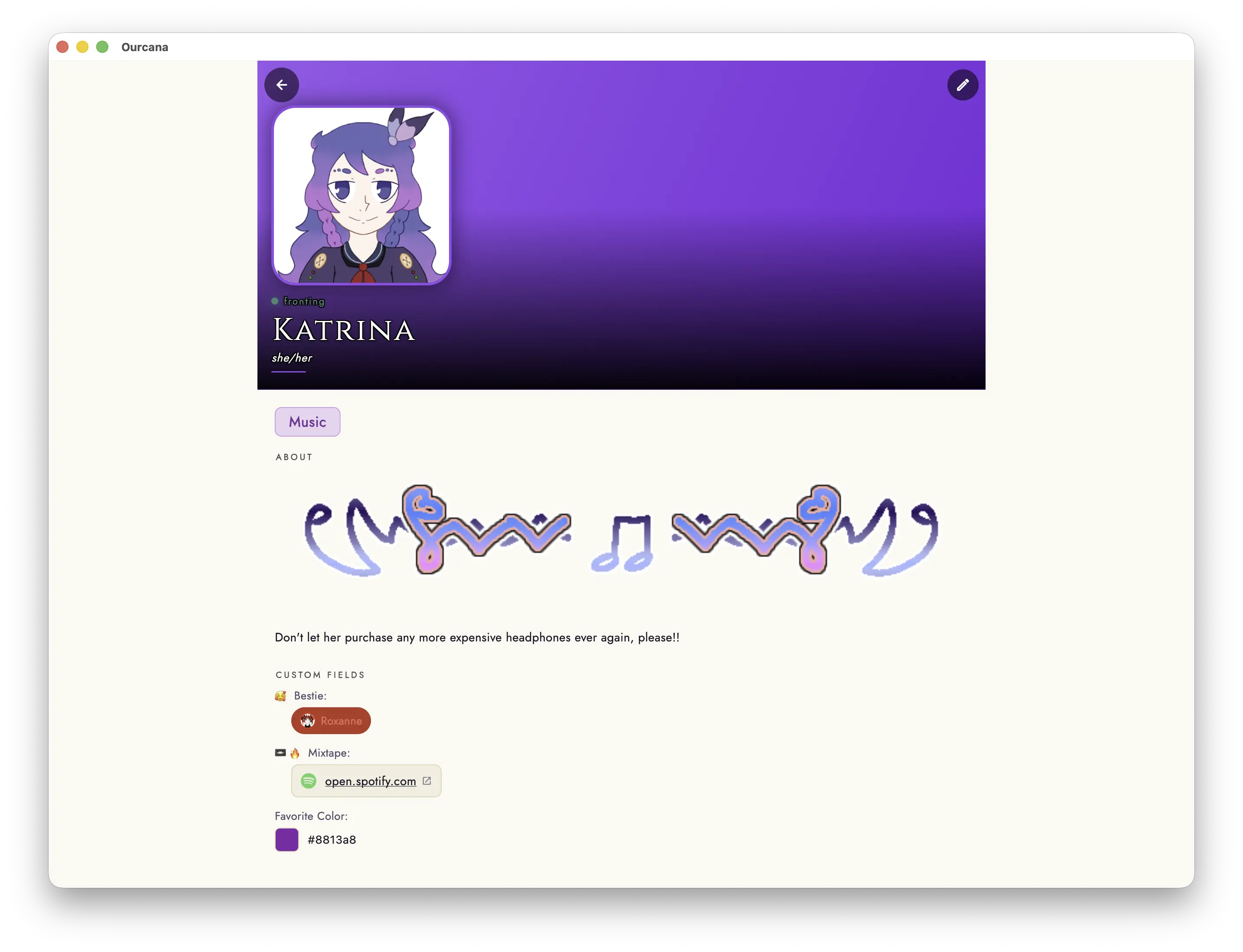 A single member with a profile picture, name, pronouns and a banner color.