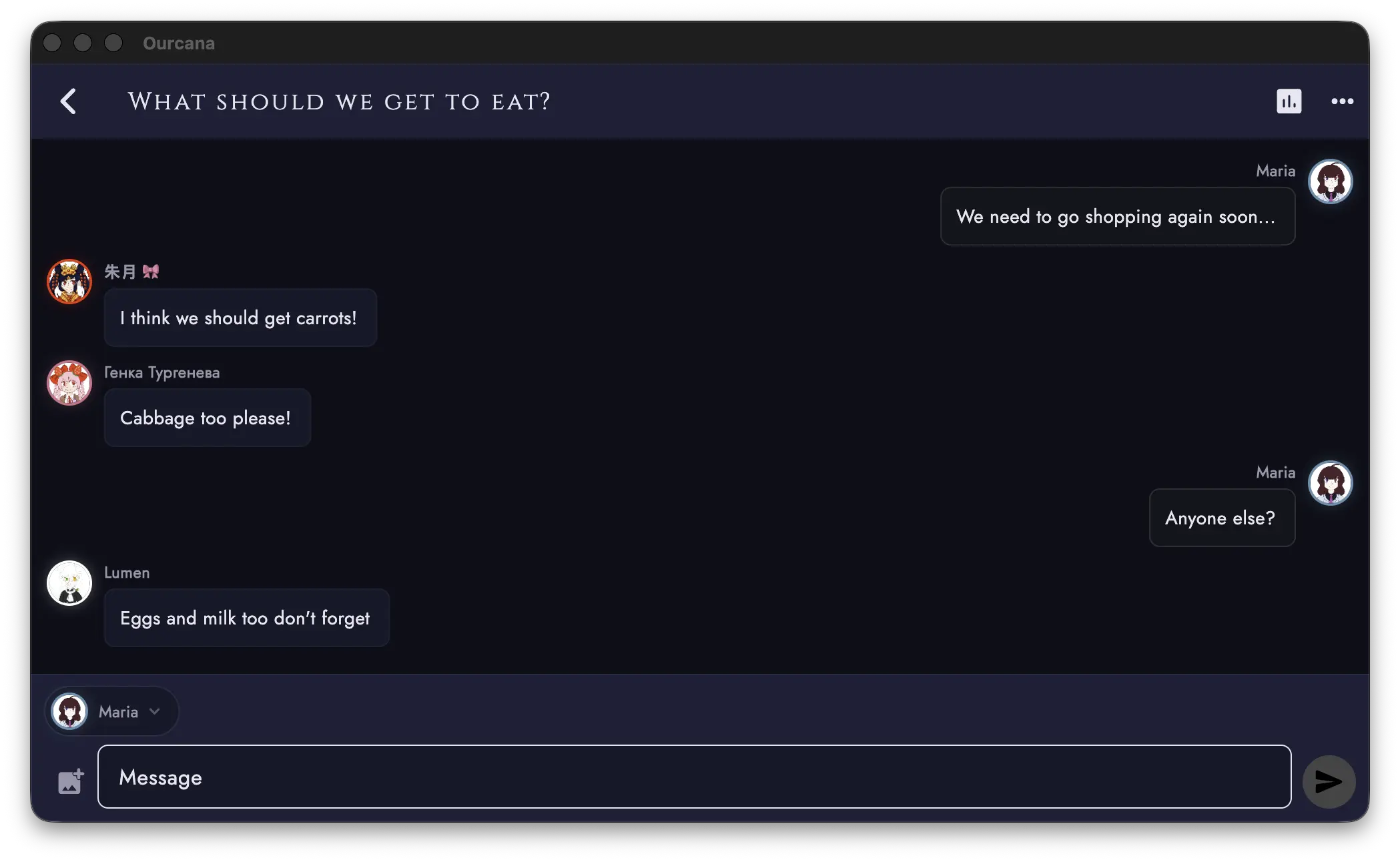 Ourcana's spaces chat: members chat in turn for in-system chats as a collective