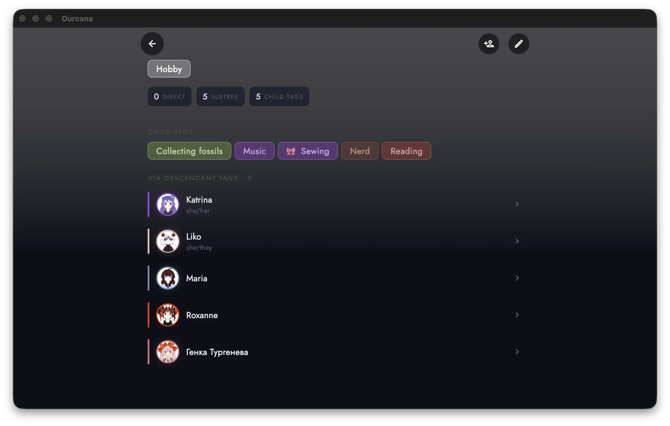 Ourcana's tag editor: decorate and group members in folders