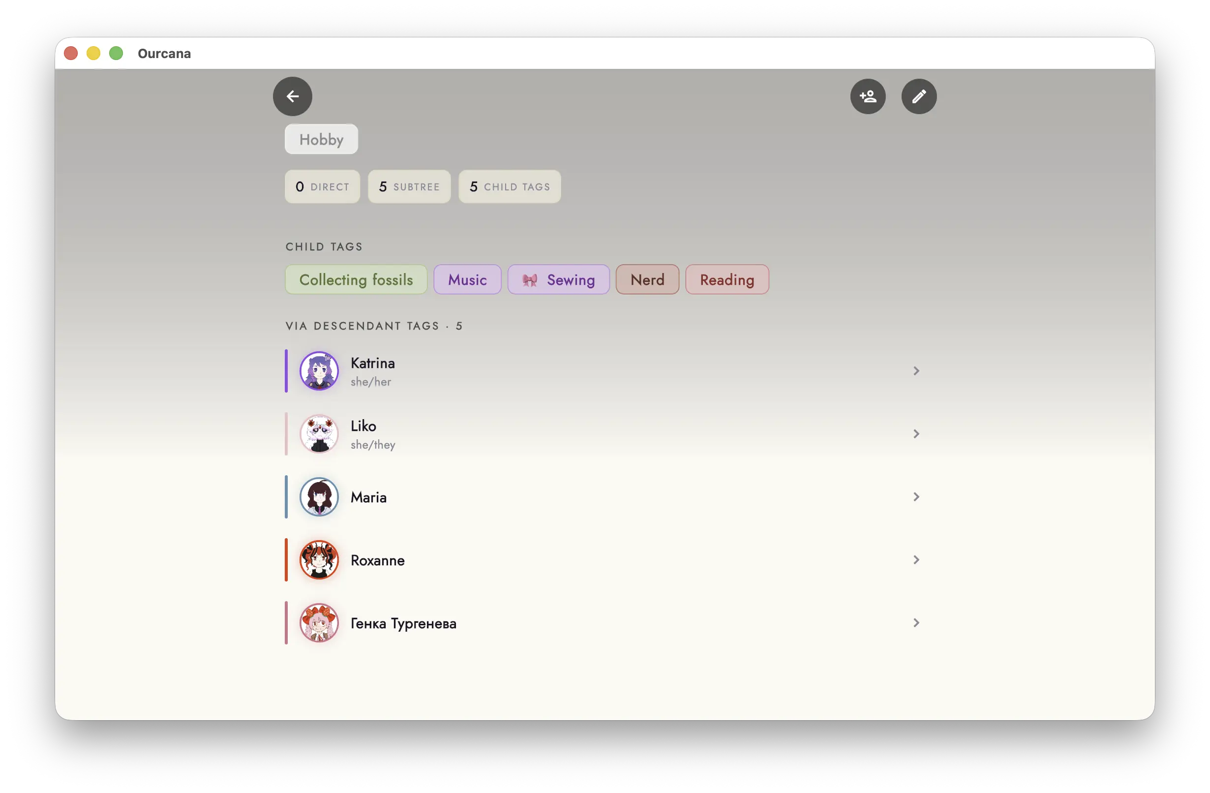Ourcana's tag editor: decorate and group members in folders